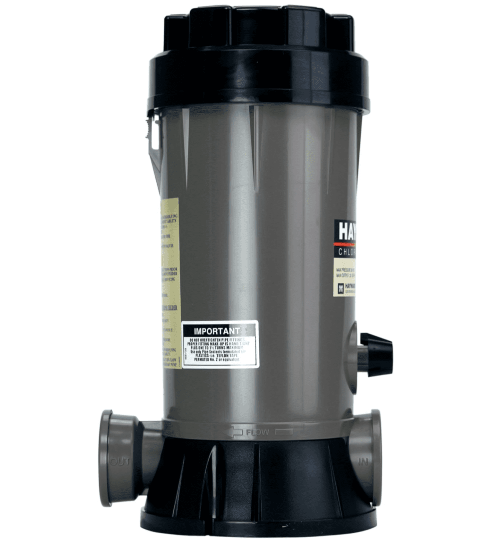 A gray and black Hayward CL220 Off-line Automatic Chemical Feeder on a white background.